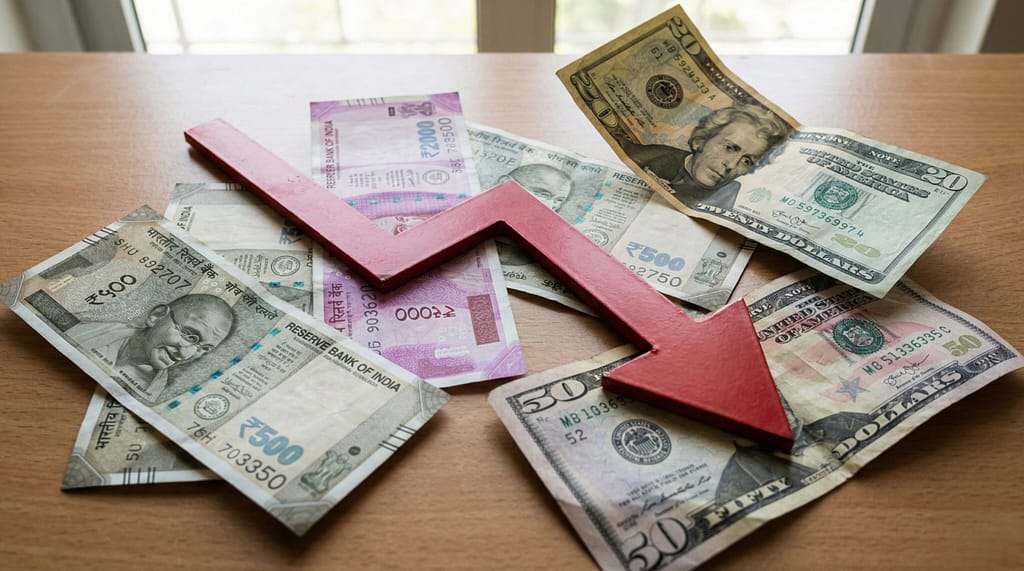 Rupee record low against dollar illustrated with Indian currency and US dollars showing historic exchange rate weakness