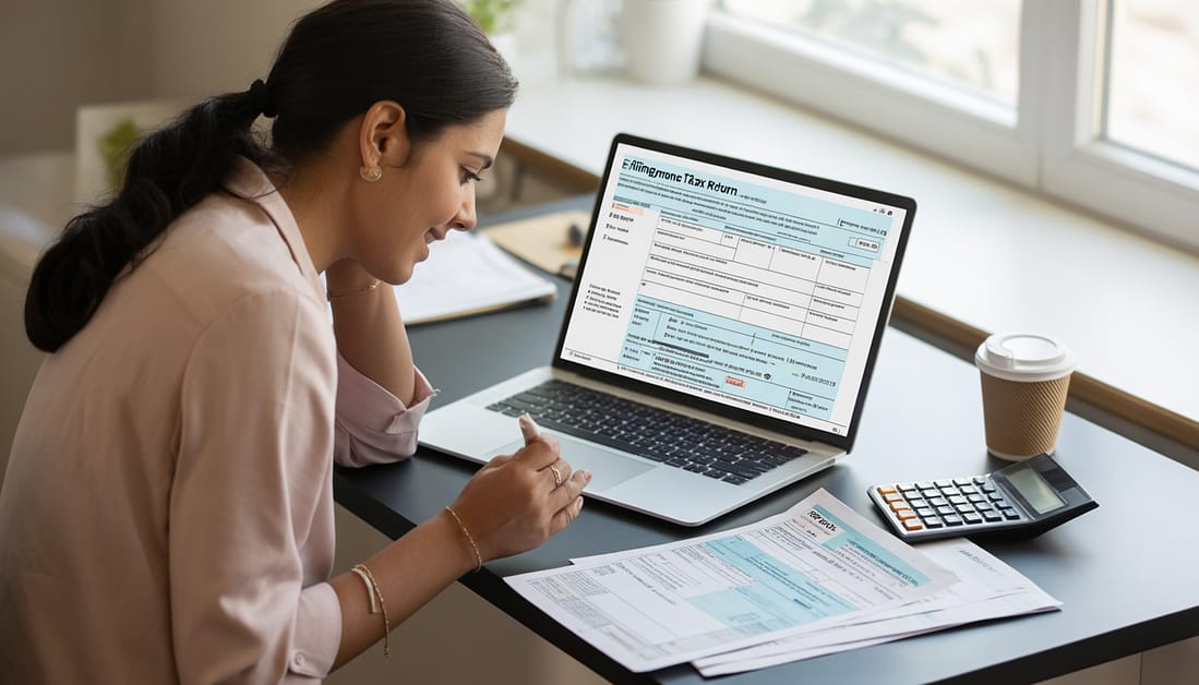 ITR filing online step-by-step process showing Indian professional completing income tax return on government e-filing portal