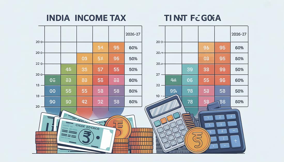 Income tax slab 2026-27 assessment year chart comparing new tax regime and old tax regime rates with exemption limits for Indian taxpayers
